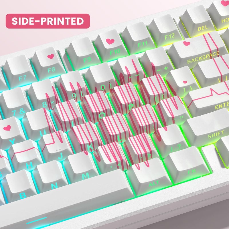 Rainy75 PBT Keycaps-Cherry Key Caps Side Print, Heart Design Dye Sublimation 130 Keys Set for Cherry Gateron MX Switches Keyboards, White - Image 2